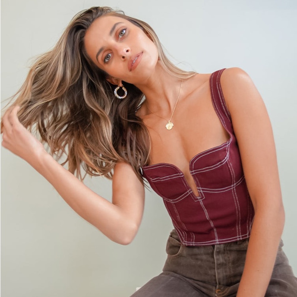 VRG GRL Running Touch Bustier Top in burgundy, size S